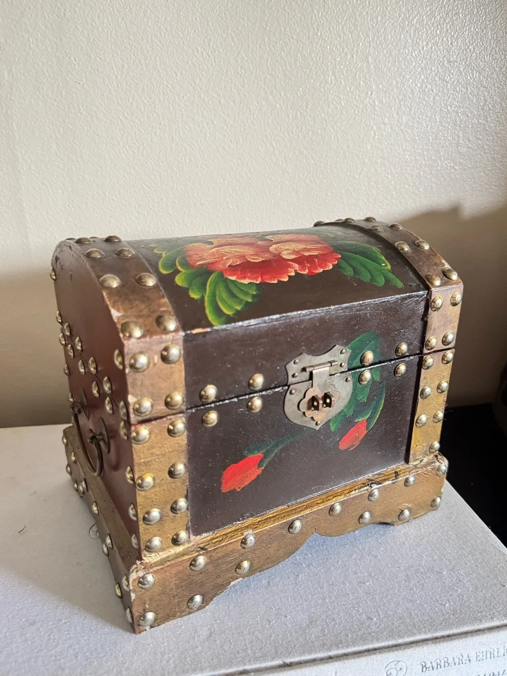 Vintage Floral Painted Wood Trinket Chest Box